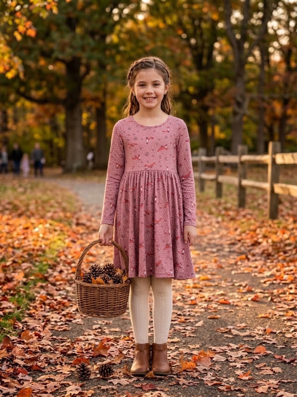 Emma & Elsa Girls' Long Sleeve Rose Dust woodland fox pattern Dress